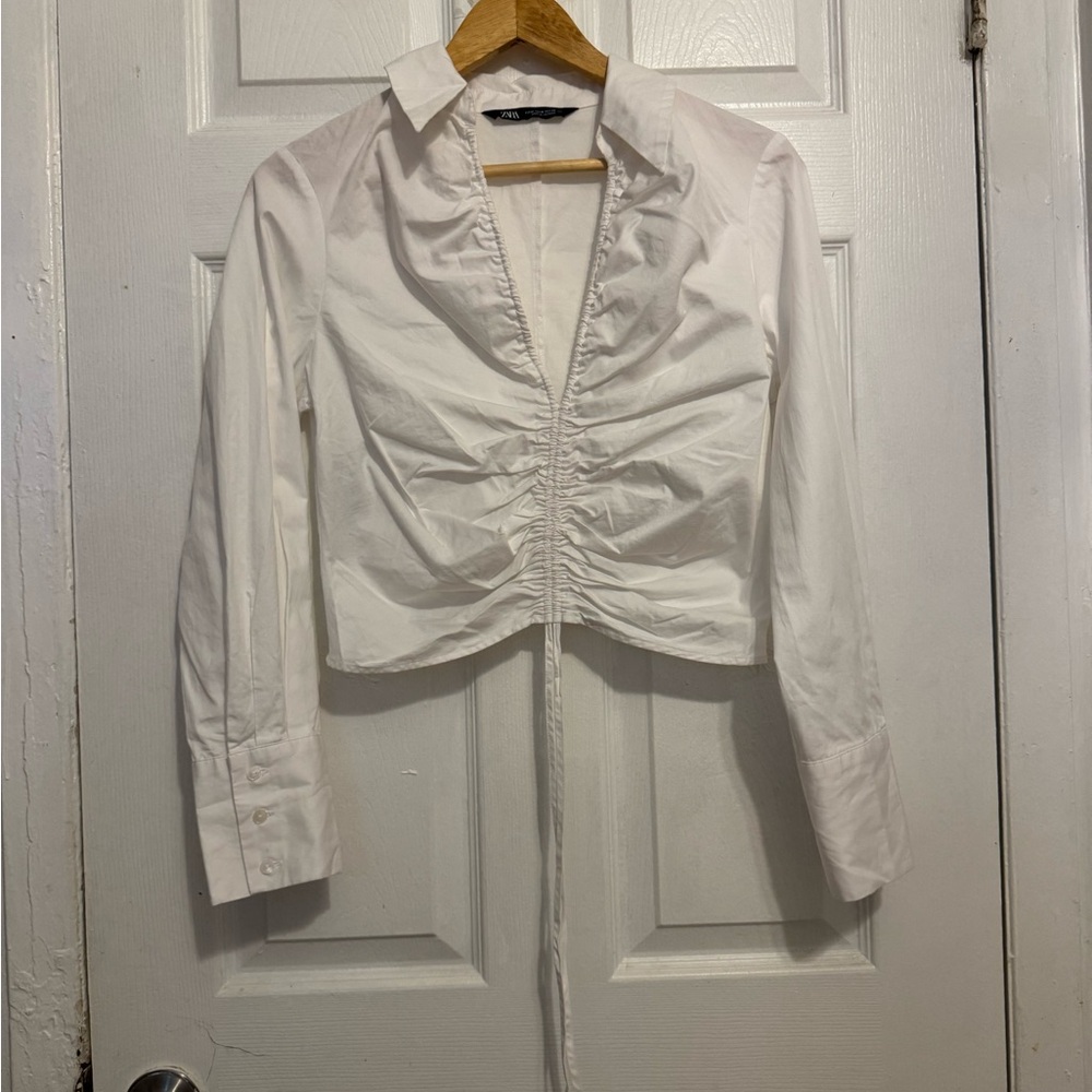 Zara White Ruched Notched Collar Blouse